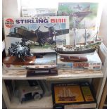 Airfix kit of a Stirling bomber, a model of Wrights "Whirlwind" aircraft engine and other kits and