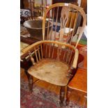 19th c. ash and elm stickback Windsor kitchen armchair with crinoline stretcher