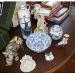 Chinese blue and white ginger jar, a Continental china figurative candlestick and other items