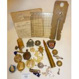 WW1 and WW2 badges, trench art and victory lighter, Air Ministry brass button stick, etc (please no