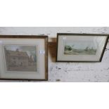 Early 20th c. pencil and watercolour picture of a house with figures by Flora Rissell and a 19th