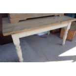 Pine kitchen table on turned and painted legs, 5ft x 3ft