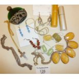 Costume jewellery, perfume atomisers, a silver crucifix and a silver curb chain necklace