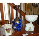 Crested china fishing creel, similar hair tidy and two vases (1 A/F)