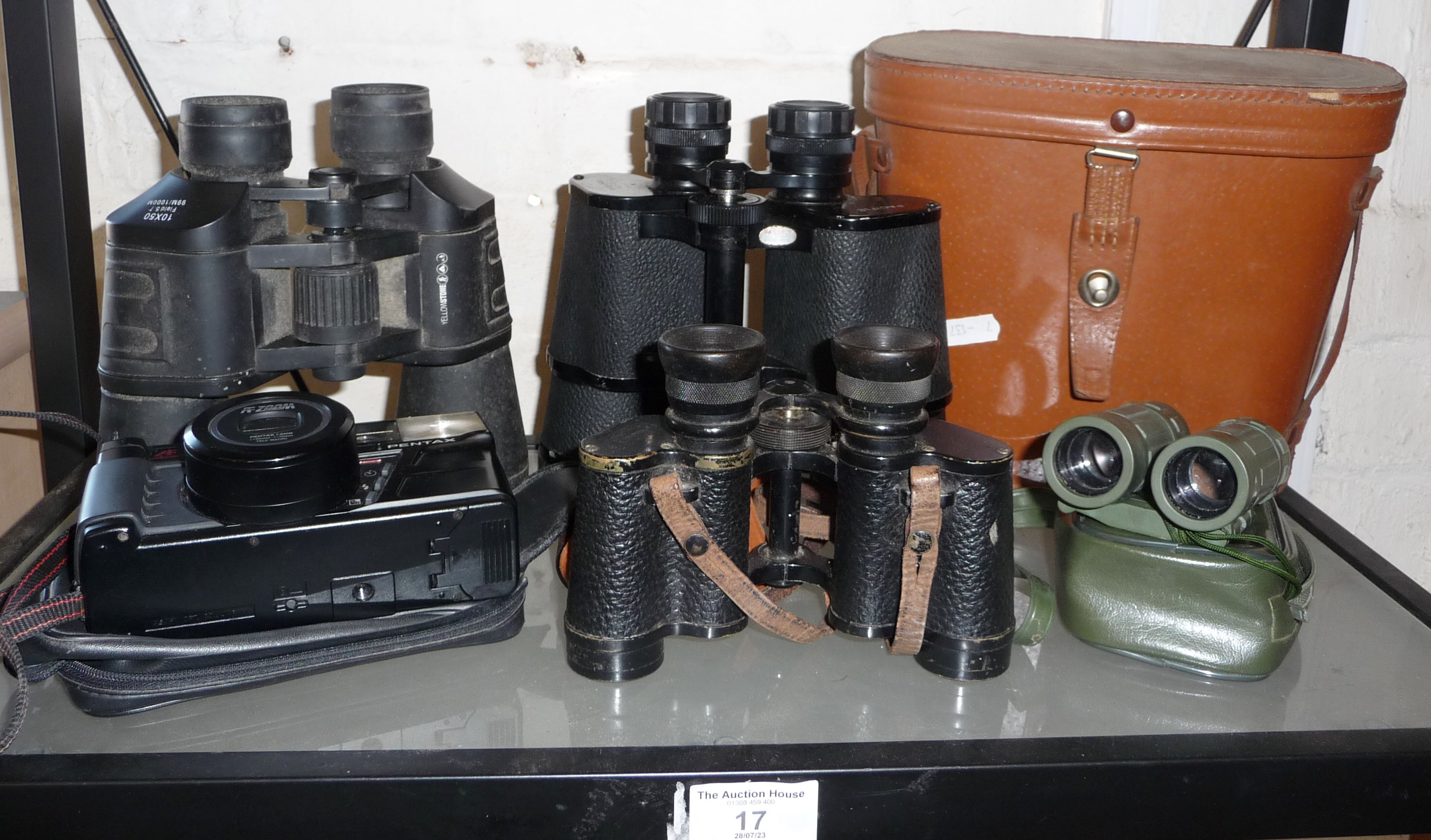 WW2 Voigtlander binoculars, 3 others, a Pentax AF zoom camera