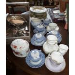 Spode Camilla chocolate cups, Copeland and Garrett teacups, other china and a wooden trug with