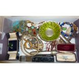 Box of assorted including vintage costume jewellery, part of an Air Ministry Kismet foot pump,