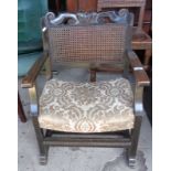 1920s oak upholstered seat child's chair with carved top rail and canework back