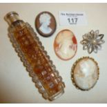 Silver and cut glass smelling salts bottle, cameo brooches etc