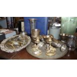 Pair of Victorian gilt brass gryphon candlesticks and assorted silver plate and a brass tray etc