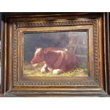 Rosa BONHEUR (1822-1899) oil on board of a cow in a barn, monogram lower left, 7" x 10" image