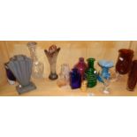 Assorted glassware, inc. coloured glass vases and Art Deco glass flower vase etc.