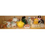 5 novelty teapots, Hunting tea set, cottage ware cruet set, 4 pin cushion dolls and a salt and