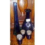 Holmegaard Viking blue glass carafe, Murano Sommerso blue glass lily vase, three small Bristol blue