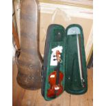 Modern violin (11") in case and an older violin case