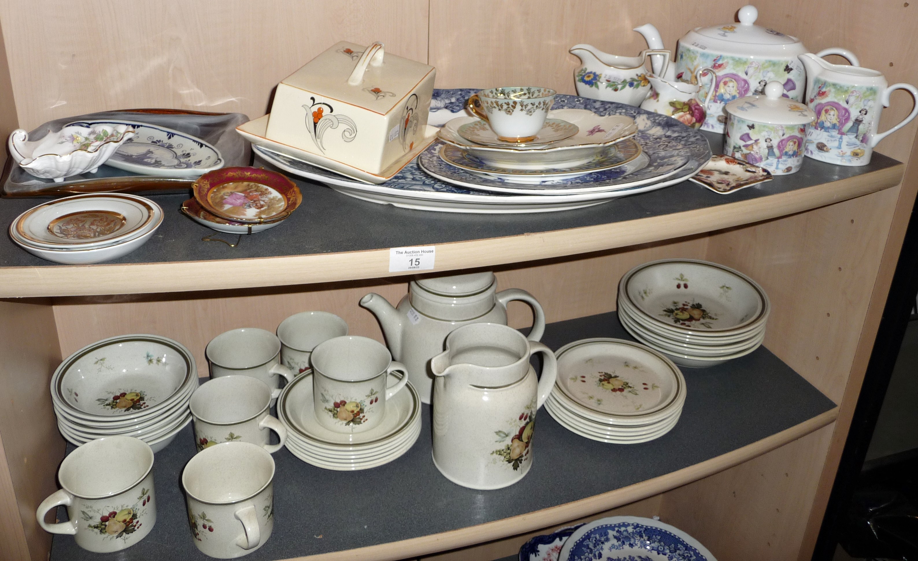 Shelf of assorted china and a Royal Doulton "Cornwall" tea and part dinner service