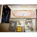 Vintage costume jewellery, diamante necklace, Pompadour Pearls in box, silver chain bracelet,