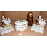 Two Yardley china soap dishes, a similar soap box and a painted Russian Matryoshka doll