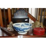 Chinese porcelain blue and white dragon bowl (A/F), carved soapstone pieces, cinnabar and blue