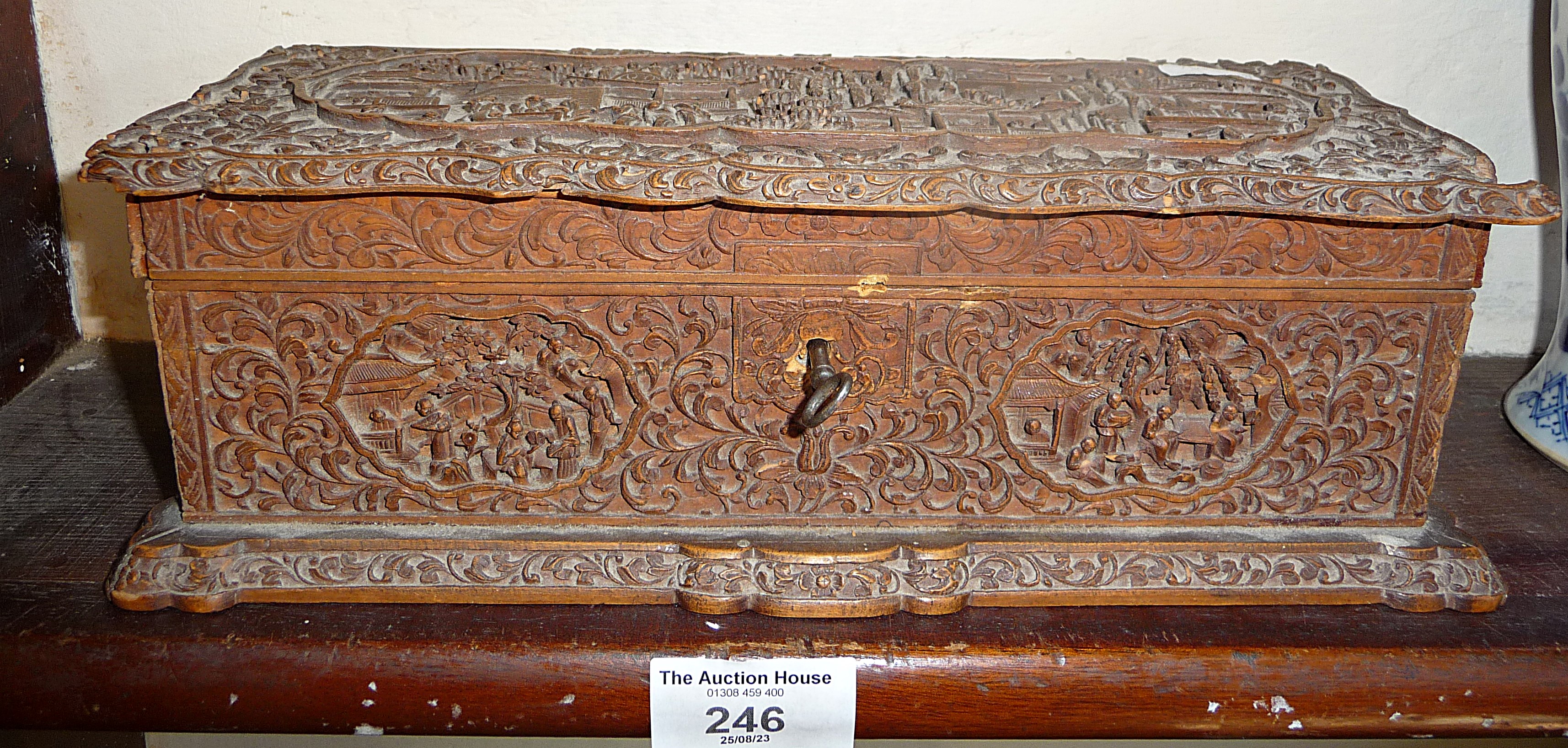 Chinese Canton carved wood casket