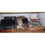 Large collection of assorted silver plated cutlery in wooden cutlery trays, inc. cased sets