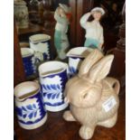 1930s pottery "Bunny" teapot, probably Sadler, three graduated blue and white jugs and a figurine
