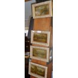 Four small oil paintings on board of huntsmen on horses, signed Saletti, and a miniature romantic