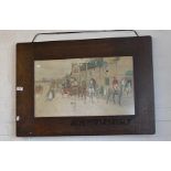 Large colour coaching print by Cecil Aldin in an Arts & Crafts oak frame with carved title "The Bell