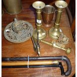 Pair of brass candlesticks, brass hand held thurible, buddha, inkwell and other brassware together