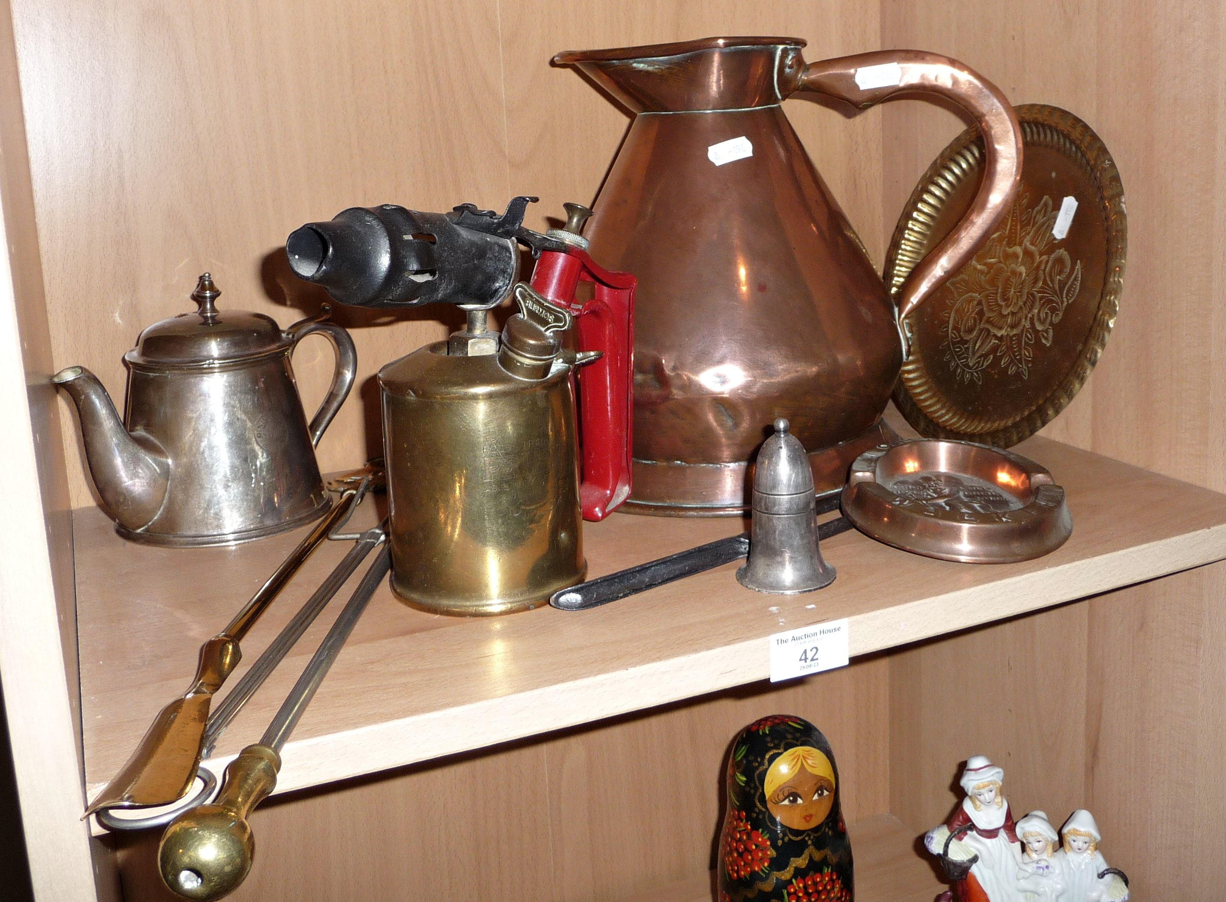 Victorian copper gallon measure, brass blow lamp and assorted copper and brass