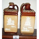 Two 19th c. Doulton stoneware square hunting spirit flasks, retailers impressed marks to base