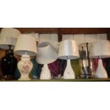 Five china table lamps and shades and glass candle holder