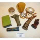 Some oriental items, inc. a carved horn seal (possibly rhino horn), needle case, signed figural