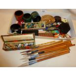 Chinese bamboo calligraphy brushes, painted napkin rings, scroll weights, etc.