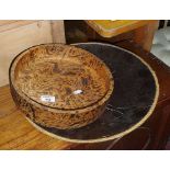 Tribal Art: carved wooden platter (approx. 40cm diameter) and a marbled treen bowl