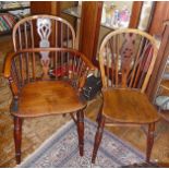 19th c. ash and elm Windsor elbow chair (A/F) and three similar dining chairs
