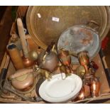 Large quantity of copper ware, inc. Victorian camping kettle, saucepan lid, Persian brass tray and