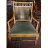 Edwardian elbow bedroom chair with slats and turnings to back and upholstered seat