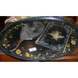 Victorian papier mache oval tray, a similar desk blotter and a hand mirror