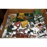 Britains farm cart, swing bin with figure, shepherds and other figures and scenery (70)