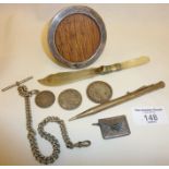 Pocket watch albert chain with silver coin fob medal, other silver coins, silver photo frame, etc.