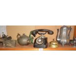 Antique Danish telephone, brass hotel desk bell and other metalware