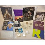 Various Royal Mint carded coin sets, Swiss Mint coins, Royal Mint silver napkin holder, £5 coins x