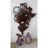 Victorian shaped mahogany wall mirror with shelves, an Imari vase with cover and a Victorian china