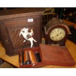 Oak spice cupboard, mantle clock, painted tin rocking cowboy and box of show brushes