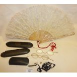 Vintage mother of pearl and lace fan, gold filled antique spectacles and cases (one A/F)