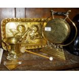 Victorian hammered brass dinner gong, cherub tray, heavy brass mortar and pestle, etc.