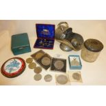 W. H. Harling compass set in case, sugar scuttle and shovel, coins, etc.