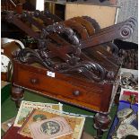 Regency carved rosewood 'X' frame Canterbury with 4 divisions and single drawer, 22" wide