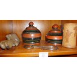 Two Russian painted wooden lidded pots, sugar nips, etc., and a Chinese carved bamboo brush pot